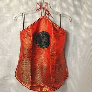 Red Satin Halter Tank Top with Embroidered Medallion